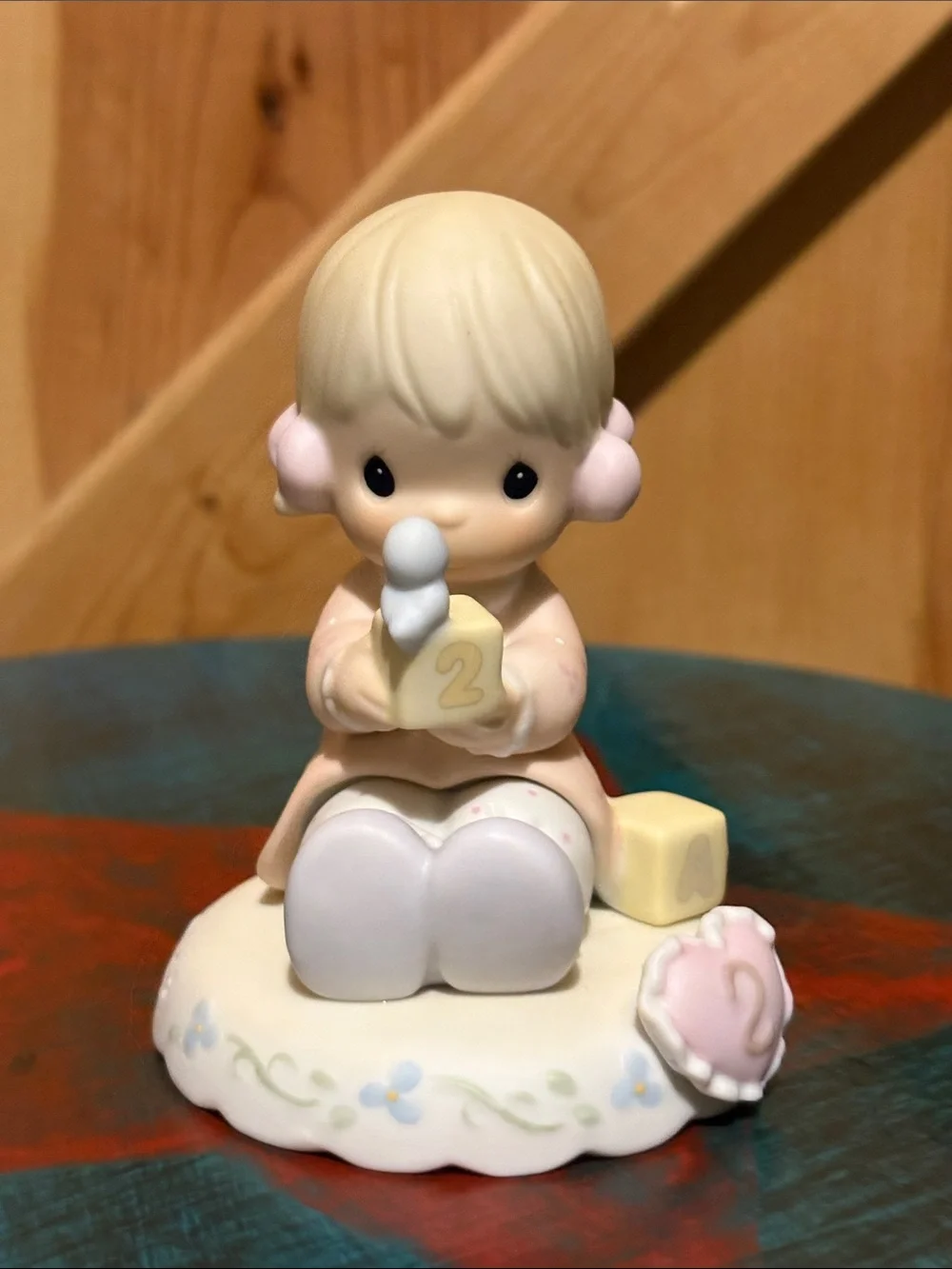 Precious Moments Cream and Pink Baby with Blocks Figurine / 2